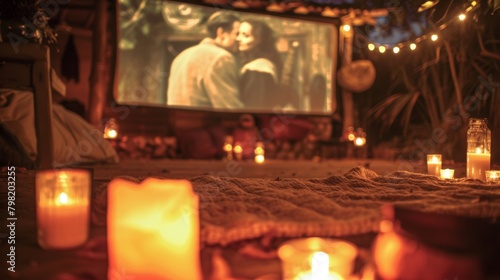 A makeshift outdoor theater complete with an oldfashioned movie screen candles and a blazing fire. 2d flat cartoon. photo