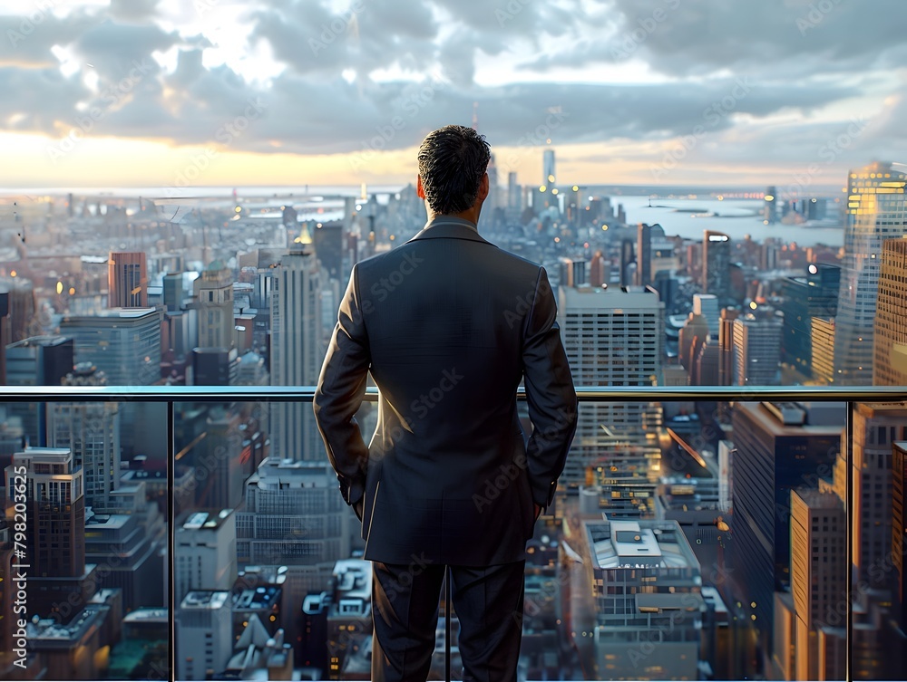 Businessman Gazing at Expansive Modern City Skyline from High Vantage Point