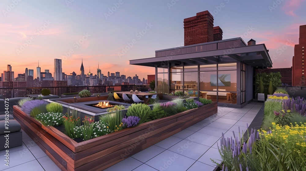 Obraz premium Urban rooftop garden with raised planters and panoramic city views