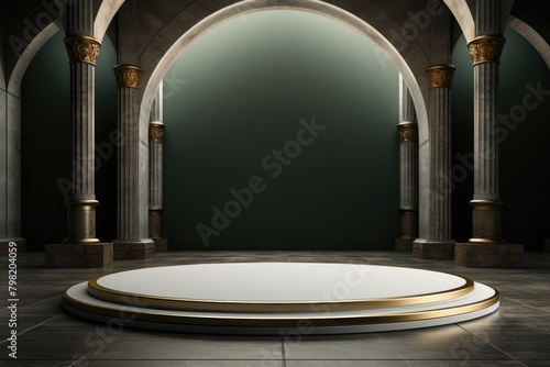 A white and gold pedestal sits in the center of a grand hall with marble columns and arched doorways.