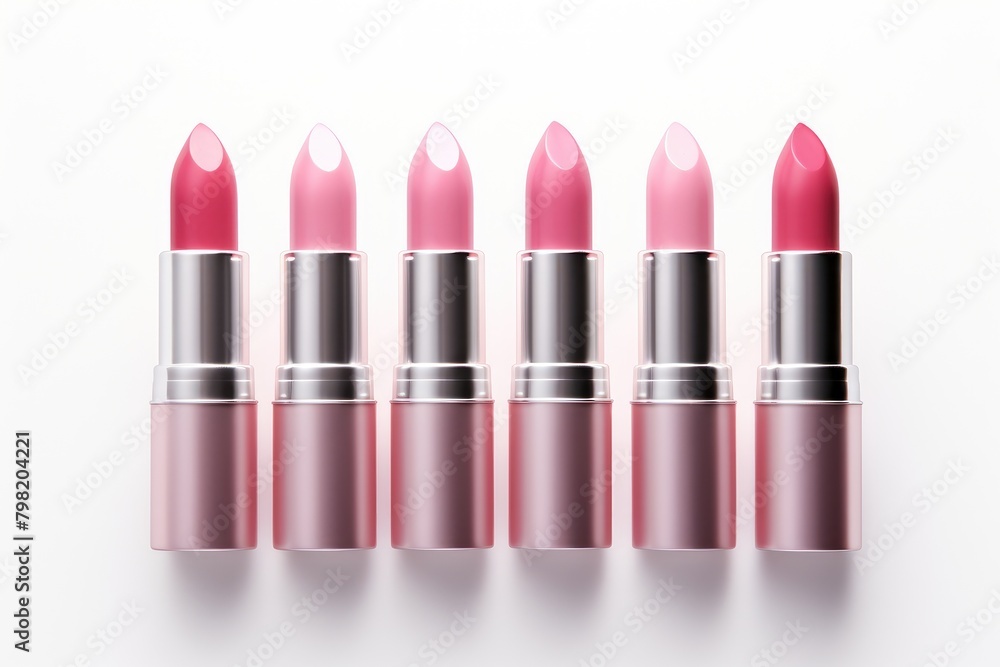 Five pink lipsticks lined up against a white background. Five pink lipsticks lined up against a white background.