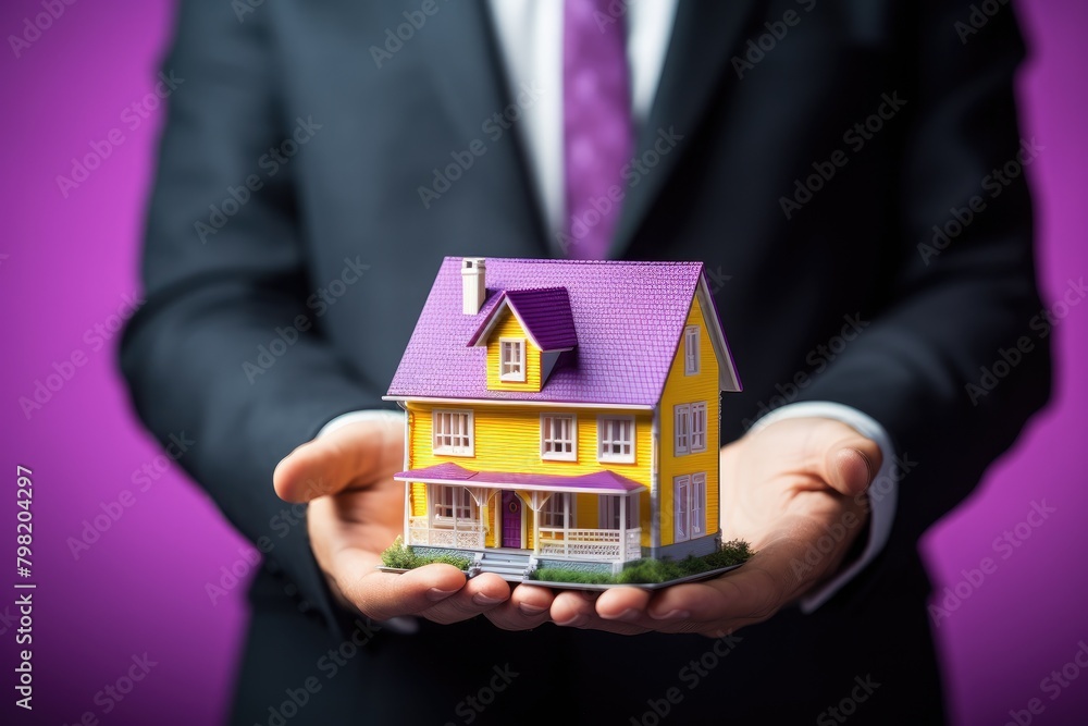 Real estate agent holding a model house in his hands