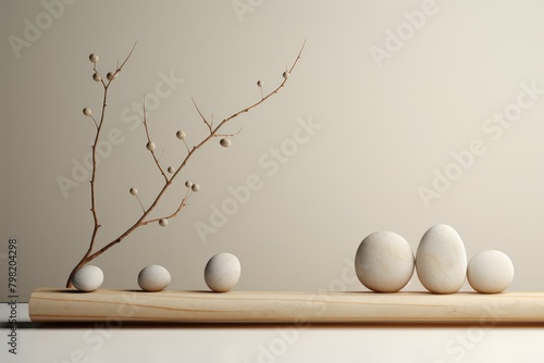 Pebbles and a branch with berries on a wooden plank against a beige background