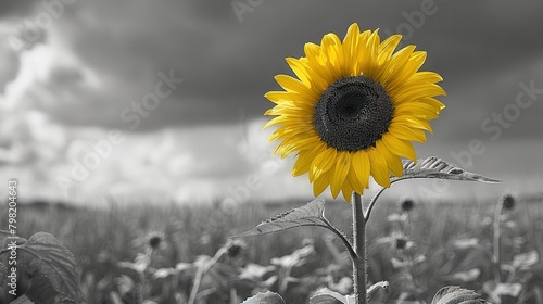   A monochromatic image of a sunflower amidst a field with tempestuous clouds in the backdrop
