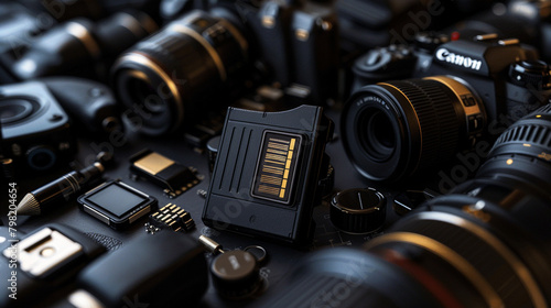 Secure Digital (SD) Card A product shot of a secure digital (SD) card surrounded by camera equipment and photography accessories, highlighting its compatibility and reliability
