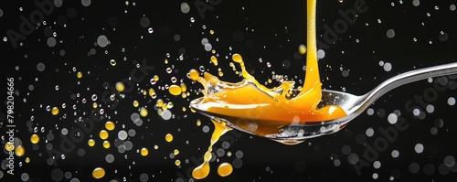 A dynamic image captures a bright yellow egg yolk splashing dramatically off a spoon, suspended in mid-air.