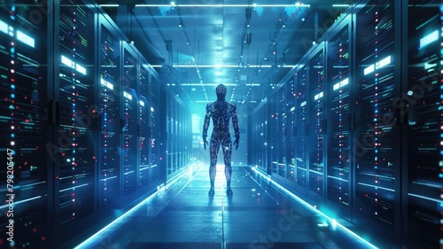 Visualize an AI standing in a stance of power, absorbing the intelligence and data from a fragmented AI entity, set in a server room that pulses with energy