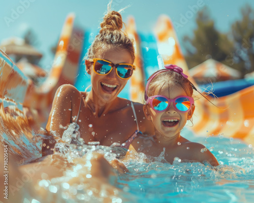 Mother and her daughter riding a colorful waterpark adventure land waterslide
