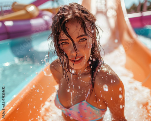 Beautiful woman riding a colorful waterpark adventure land waterslide