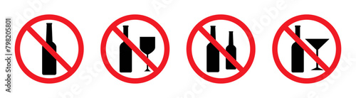 No alcohol sign symbols. Set of no alcohol vector signs icon. Do not drink alcohol in this area. Prohibited icons of drink alcohol. No alcohol, No drinking vector illustration.