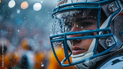 Close Up of Football Player Wearing Helmet. Generative AI © jul_photolover