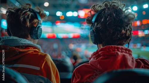 Two People Wearing Headphones in a Stadium. Generative AI