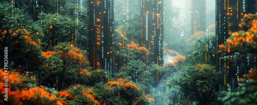 Futuristic eco city with a green forest, advanced digital technology, and cyberspace network.