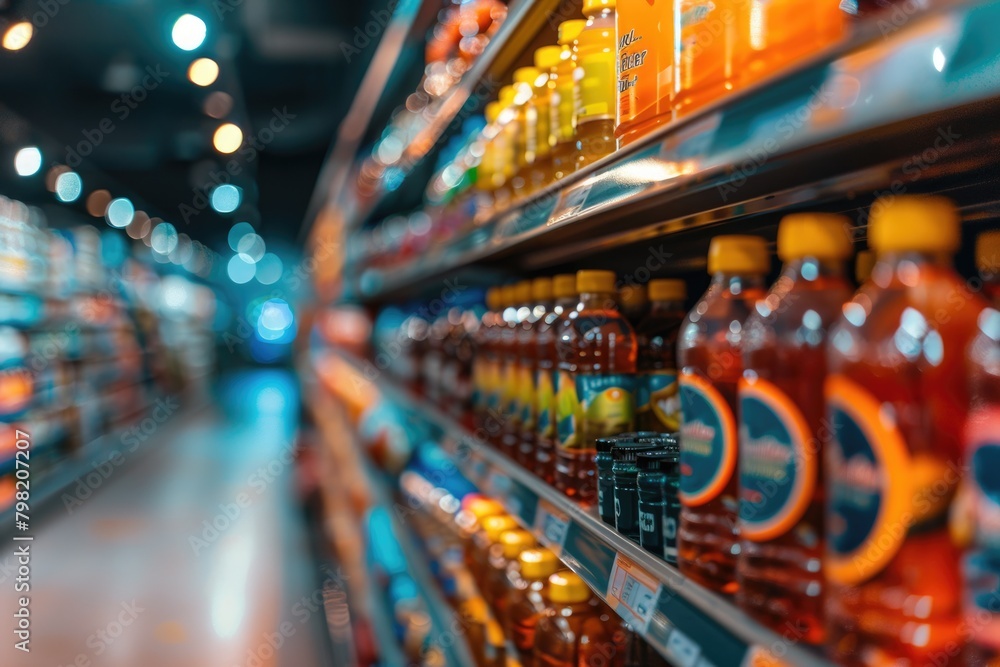 Supermarket Aisles with Colorful Products in Soft Focus Background