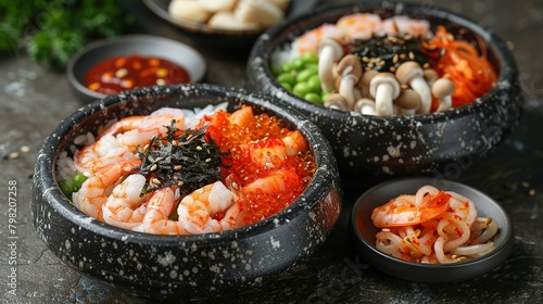  Close-up of a shrimp and broccoli bowl on a table surrounded by other dishes