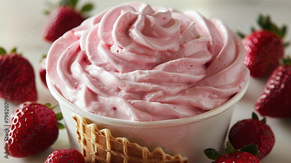 A detailed photo of an ice cream cup, showing its edge with strawberries surrounding it on both sides A detailed photo of an ice cream cup, showing its edge with strawberries surrounding it on both sides