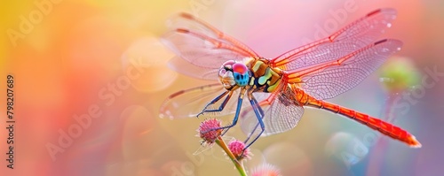 dragonfly perched on a plant stalk with a beautifully blurred background. copy space for text. © Alena