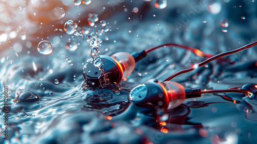 Sports Earphones A vibrant image showcasing water-resistant sports earphones with ear hooks, designed to stay secure during intense workouts, providing high-fidelity photo