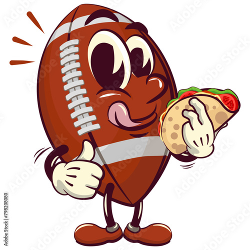 american football cartoon vector isolated clip art illustration mascot carrying a taco while giving a thumbs up, vector work of hand drawn