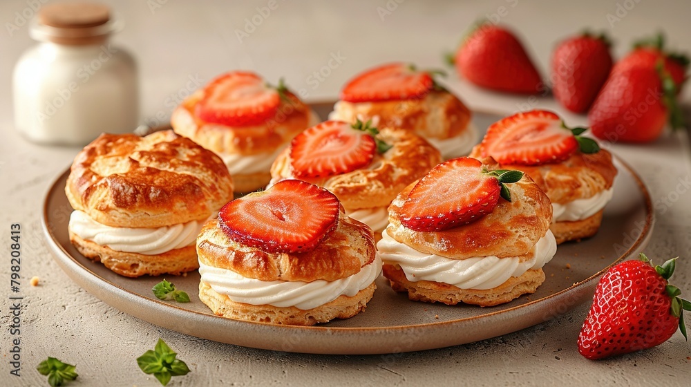   A plate of pastries with strawberries adjacent to a jar of milk and strawberries positioned beside it