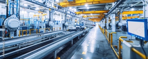 Automated car manufacturing assembly line. manufacturing plant with robotic arms and white car bodies in production illustrating industrial automation, banner