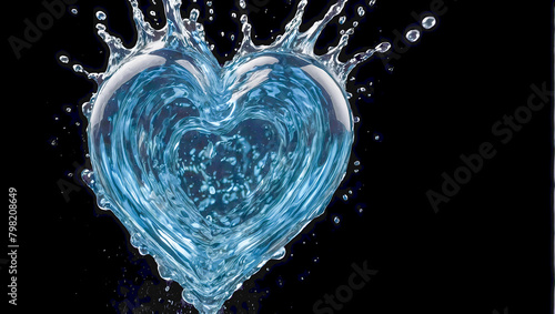 High Quality natural water splashes into shape of a heart on a black background