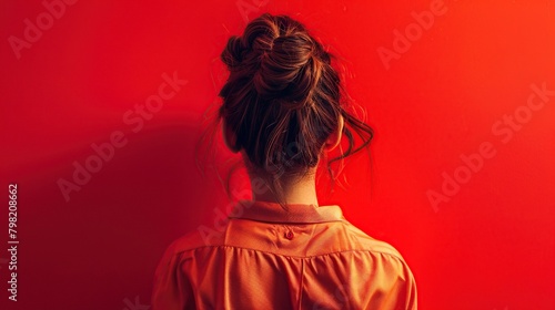 Back view of a woman wearing a shirt, hair tied in a bun on a red background.