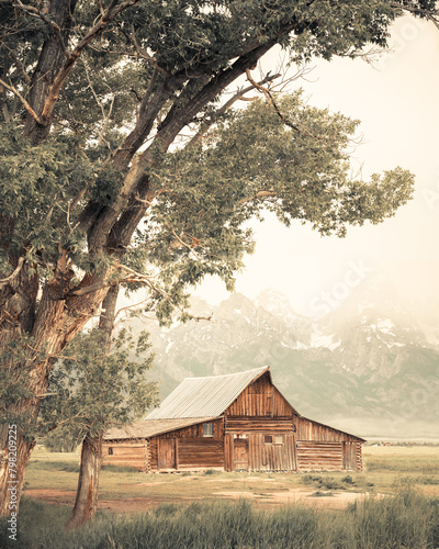 Historic John Moulton barn on Mormon Row seen from Grand Teton National Park © littleny