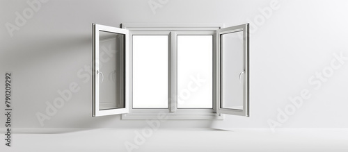 New plastic window on white background with copy space. Minimalistic banner for window installation and replacement company.