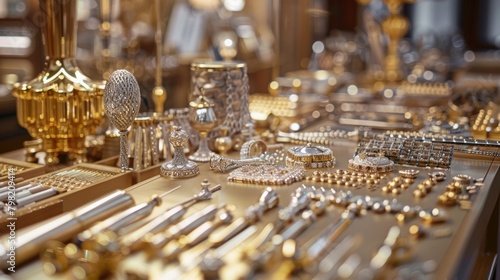 Soft hues of gold and silver blend in a defocused display of intricate tools and precious materials transporting the viewer to a world of luxury and craftsmanship. .