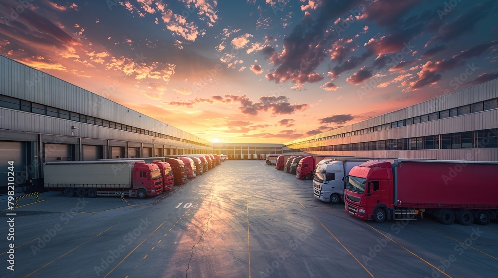 industrial warehouse with parked trucks, sunset lighting.