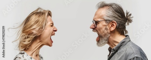 Mature man and woman expressing strong emotions in a heated argument, facing each other with mouths open against white backdrop. photo