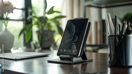 Tablet Stand on Desk A tablet stand positioned on a desk, propping up a tablet device at an ergonomic angle for comfortable viewing and efficient multitasking in home or office settings.