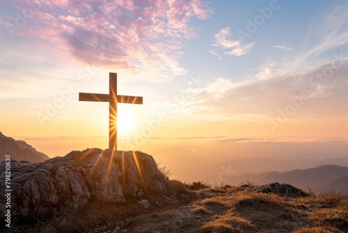 Cross on the hill with sunrise in the background cross outdoors nature. #798210830