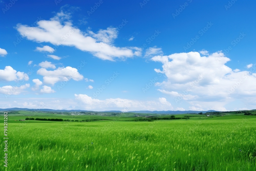 Obraz premium Green field with blue sky grassland landscape outdoors.