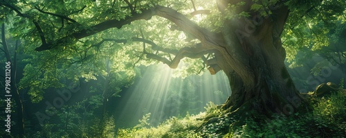grand tree bathed in sunlight filtering through leaves, illuminating the magical forest floor..