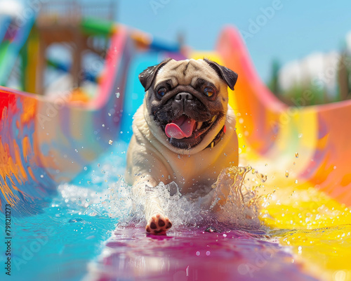 Cute dog riding a colorful waterpark adventure land waterslide