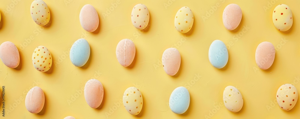 multicolored jelly beans arranged randomly on a yellow background, depicting sweetness and joy.