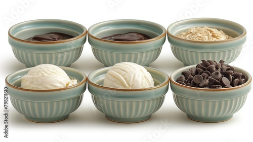  A set of six bowls, each holding ice cream, chocolate chips, and a scoop of ice cream