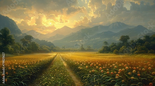 A painting of a field with mountains in the background