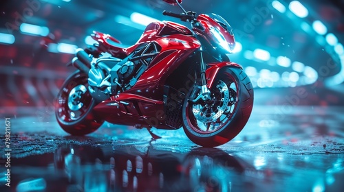 Red Motorcycle Parked on Wet Ground. Generative AI