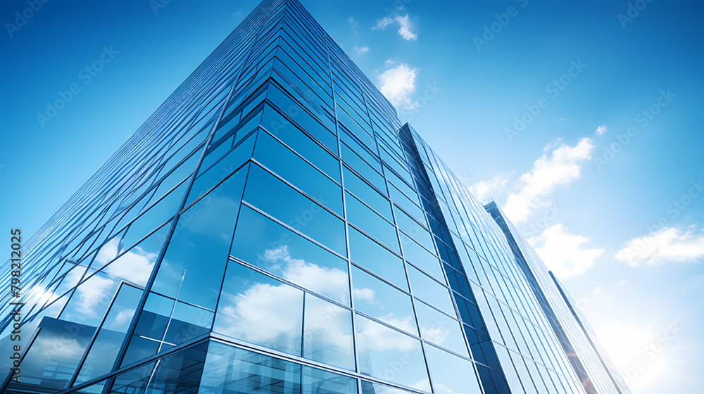 A modern skyscraper with blue glass windows