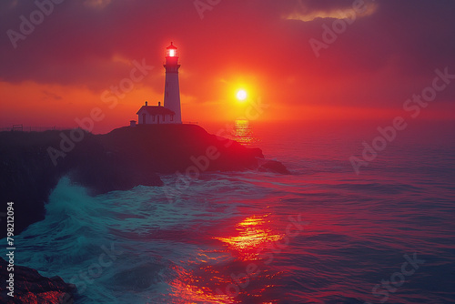The lighthouse on the ocean shore against the background of the setting sun symbolizes direction, safety and hope, inspiring travelers and sailors with its power and beauty