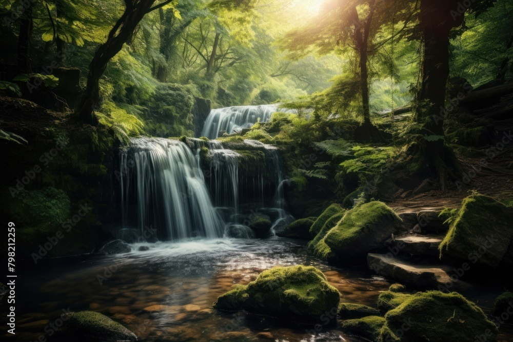 Waterfall in the forest vegetation landscape outdoors.