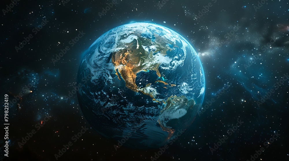 Fototapeta premium Blue and white planet Earth in the middle of the night sky