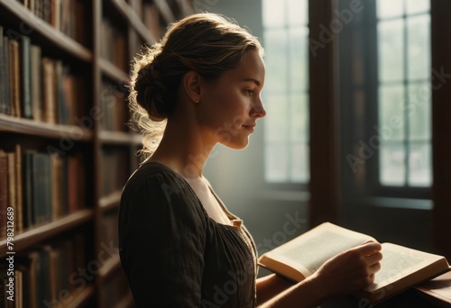A woman reads a book in a sunlit library. Tranquility and the pursuit of knowledge highlighted.