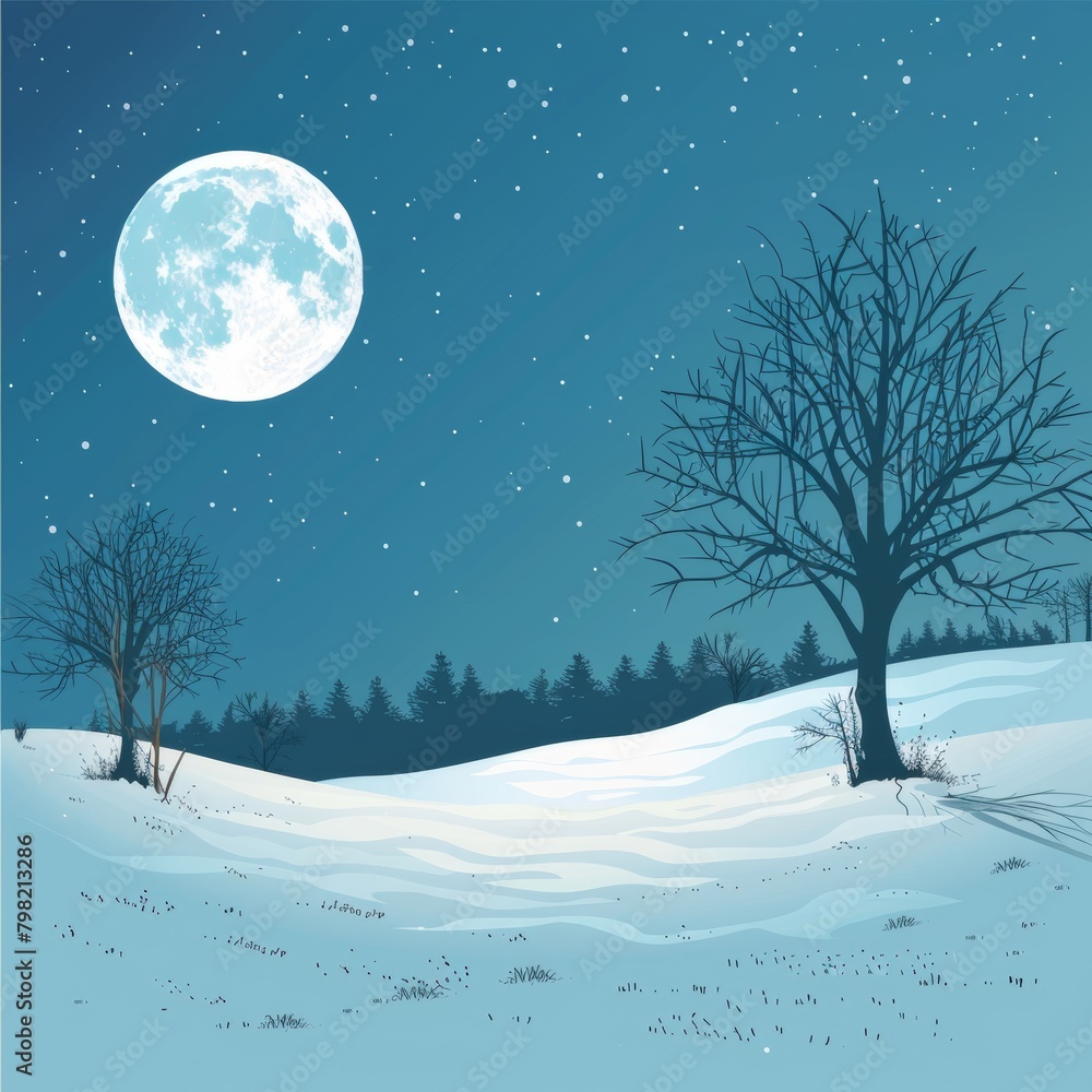 winter landscape with moon snow and snowing silent winter night winter landscape with moon snow and snowing silent winter night