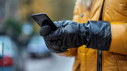 Touchscreen Glove Testing An image of a hand wearing a touchscreen glove interacting with a smartphone screen, demonstrating its responsiveness and accuracy in registering touch gestures,