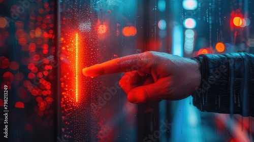 Modern Security Access Close-Up of Man Using Finger Scanner to Unlock Glass Door with Biometric Authentication 