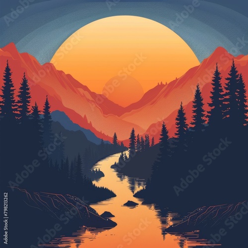 sunrise in mountains river and forest background 